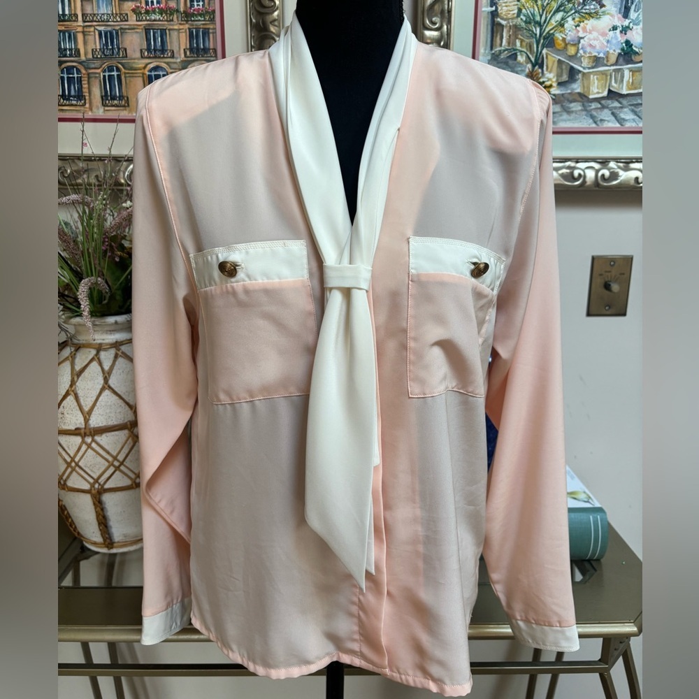 CHAUS VINTAGE PASTEL PEACH BLOUSE COLOR-BLOCK RETRO TIE SASH NECK CAREER SIZE 6 - Picture 2 of 7